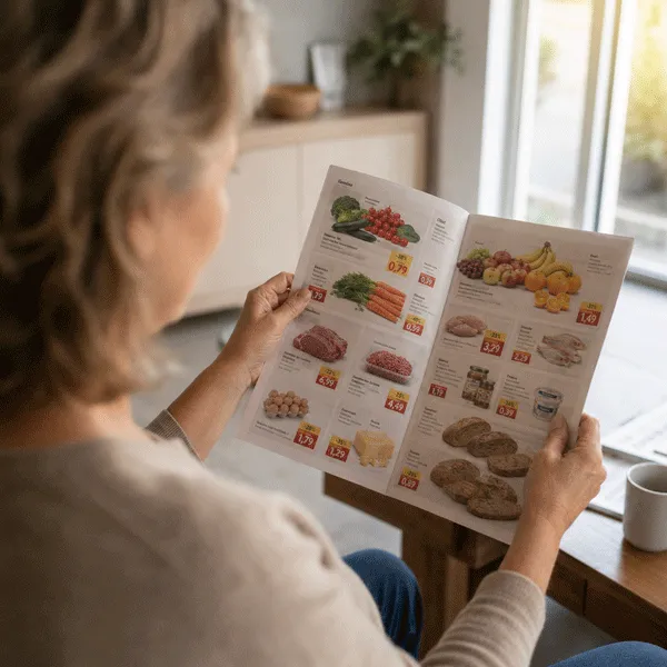 Aufgeschlagene Beilage in der Hand einer Leserin – Beilagenwerbung in der Schwäbischen Zeitung und im Nordkurier werden gerne von den Menschen genutzt, um Ihre Besorgungen und Einkäufe zu planen.