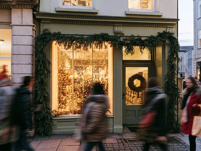 Menschen vor einem weihnachtlich geschmückten Ladenlokal. Weihnachtsmarketing regional – digitale Außenwerbung und lokale Kanäle im Dezember