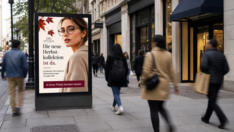 Digital Out of Home (DOOH) erreicht Menschen direkt im Einkaufsumfeld wie Fußgängerzonen ansprechend und prominent.