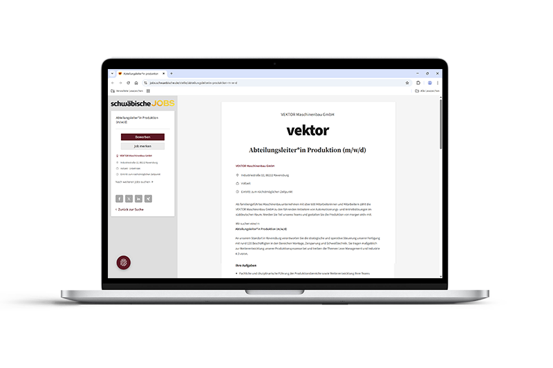 Eine beispielhafte Jobspiegelung im Portal schwäbische JOBS auf einem Laptop-Bildschirm dargestellt – die Original-Stellenanzeige eines Unternehmens wird automatisch übernommen und regional ausgespielt