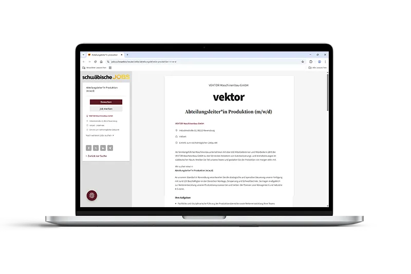 Eine beispielhafte Jobspiegelung im Portal schwäbische JOBS auf einem Laptop-Bildschirm dargestellt – die Original-Stellenanzeige eines Unternehmens wird automatisch übernommen und regional ausgespielt