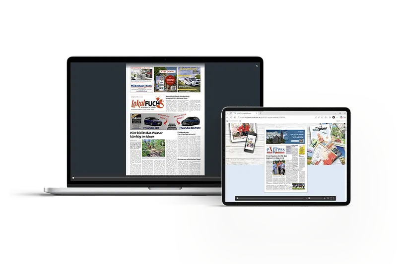 Beispieldarstellung der E-Paper-Ausgaben der Wochenzeitungen Lokalfuchs und Prignitz eXpress auf einem Tablet und einem Laptop.