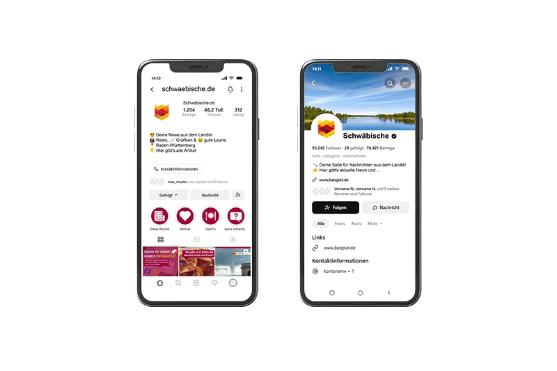 Die Social Media Präsenzen von schwaebische.de auf Instagram und Facebook jeweils in der Smartphoneansicht.