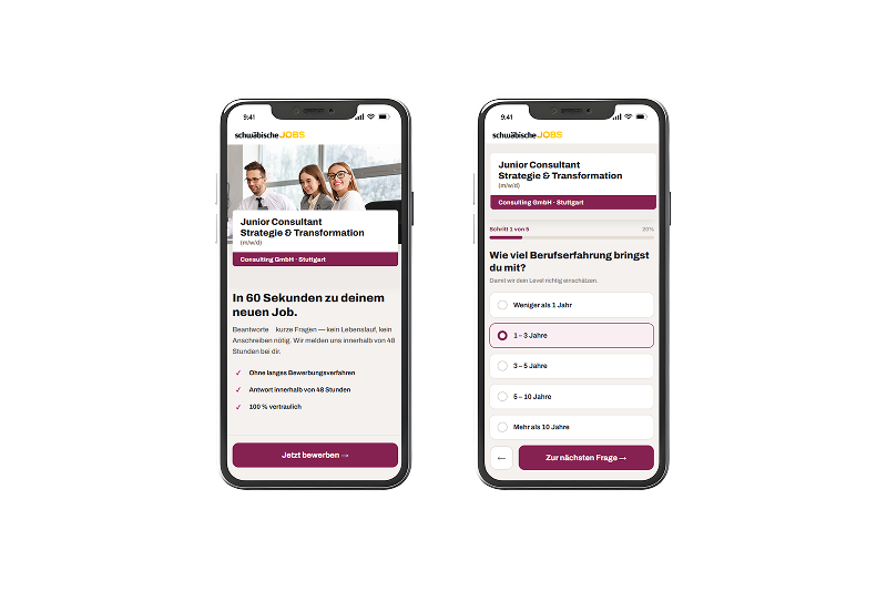 Social Media Recruiting Funnel über schwäbische.Jobs auf zwei Smartphones beispielhaft dargestellt, wie man als Bewerber einfach sich durch die Fragen für einen neuen Job klicken kann.