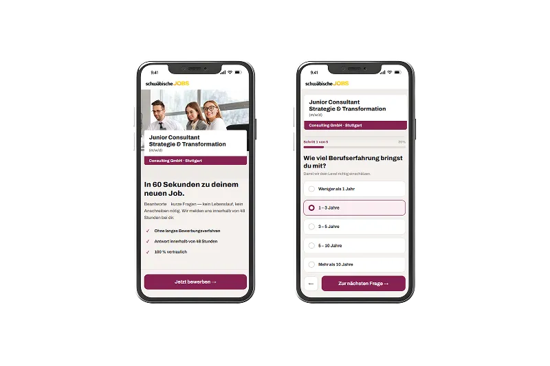 Social Media Recruiting Funnel über schwäbische.Jobs auf zwei Smartphones beispielhaft dargestellt, wie man als Bewerber einfach sich durch die Fragen für einen neuen Job klicken kann.