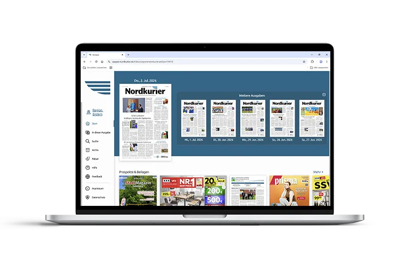 Darstellung vom Nordkurier E-Paper auf einem Laptop-Bildschirm.