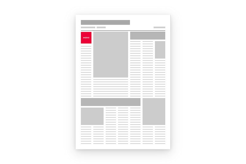 Schematische Werbeflächendarstellung einerTitelkopf-Anzeige in einer Zeitung, welche direkt oben im Titelkopfbereich platziert ist.