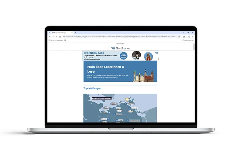 Der Newsletter "Nordkurier am Morgen" auf einem Laptop-Bildschirm dargestellt mit täglichen Nachrichten aus Deutschland und der Region.