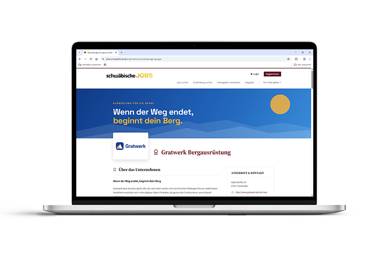 Ein Arbeitgeberprofil im Online-Portal von schwäbische JOBS auf einem Laptop-Bildschirm dargestellt – Unternehmen präsentieren sich mit Logo, Bild und Vorstellung für regionales Employer Branding