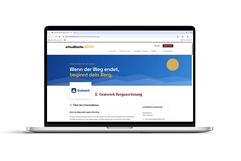Ein Arbeitgeberprofil im Online-Portal von schwäbische JOBS auf einem Laptop-Bildschirm dargestellt – Unternehmen präsentieren sich mit Logo, Bild und Vorstellung für regionales Employer Branding