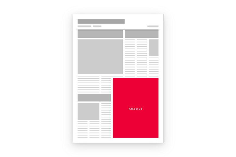 Schematische Werbeflächendarstellung einer Eckfeld-Anzeige in einer Zeitung.