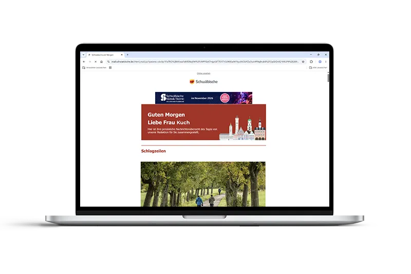 Schwäbische.de Newsletter auf einem Laptop mit persönlicher Ansprache und aktuellen Nachrichten aus Deutschland und der Region.
