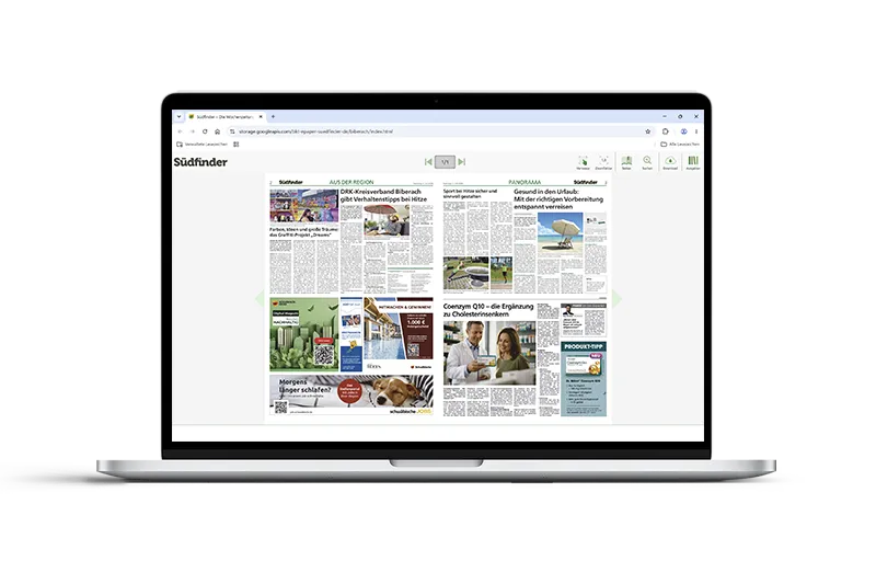 E-Paper des Südfinder auf dem Laptop – digitales Werbeumfeld für Anzeigen im Wochenblatt