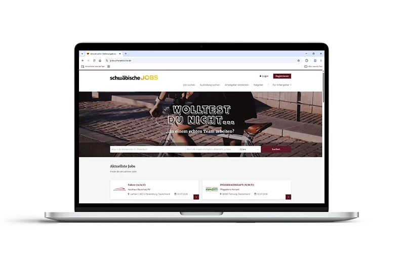 Jobportal schwäbische JOBS auf dem Laptop – regionales Werbeumfeld für Stellenanzeigen und Employer Branding