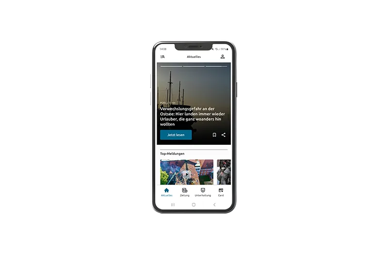 Beispieldarstellung der Nordkurier App auf einem Smartphone