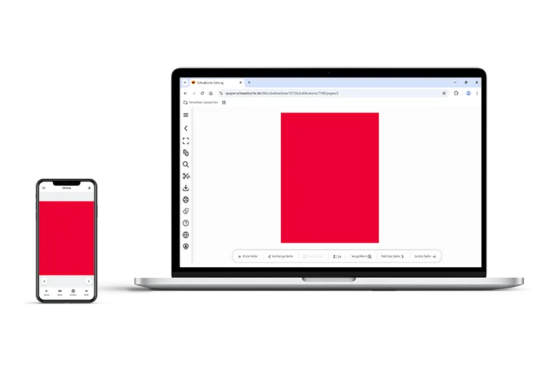 Beispielhafte Darstellung eines E-Paper-Interstitials in der Ansicht auf einem Smartphone und auf einem Laptop-Bildschirm.