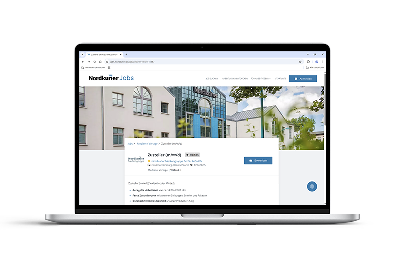 Digitale Stellenanzeige auf dem Online-Portal von Nordkurier Jobs – regionales Recruiting-Werbeformat für Arbeitgeber.