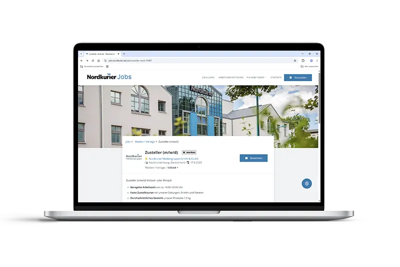 Digitale Stellenanzeige auf dem Online-Portal von Nordkurier Jobs – regionales Recruiting-Werbeformat für Arbeitgeber.