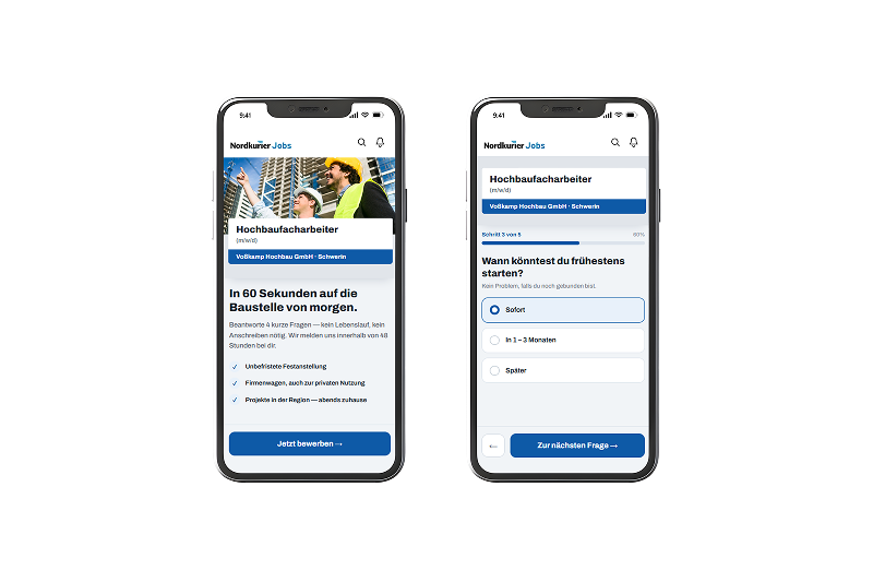 Einladender und einfach zu bedienender Bewerber-Funnel auf dem Smartphone über Social Media - hier dargestellt mit Nordkurier Jobs.