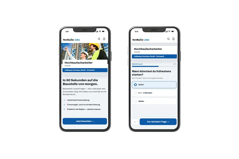 Einladender und einfach zu bedienender Bewerber-Funnel auf dem Smartphone über Social Media - hier dargestellt mit Nordkurier Jobs.