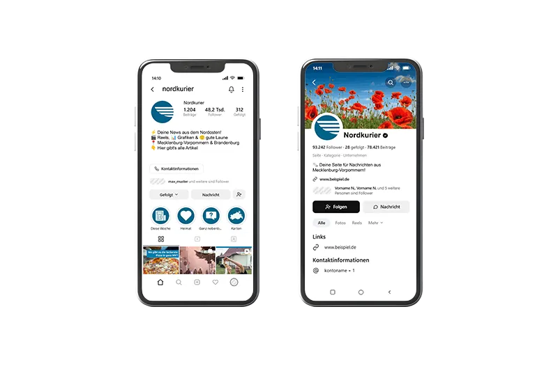 Die Social Media Präsenzen von nordkurier.de auf Instagram und Facebook jeweils in der Smartphoneansicht.