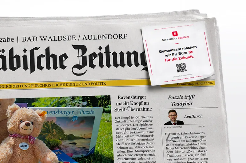 Ein sogenannter Memostick, ein individuell für Werbetreibende gestaltetes Haftklebe-Werbemittel auf "Schwäbische Zeitung" erreicht die Leser direkt auf der ersten Seite.
