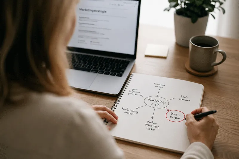 Marketingziele definieren – Unternehmerin plant Werbemaßnahmen mit klaren Zielen