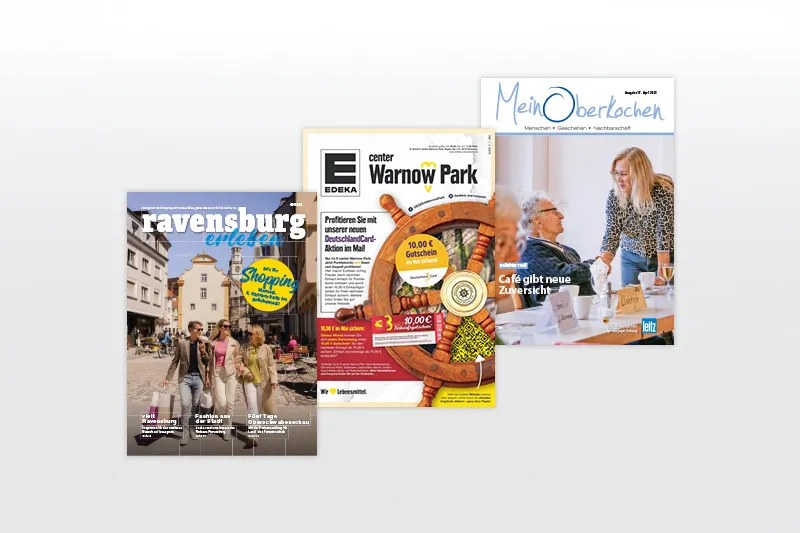 Drei verschiedene kundenindividuelle Prospekte auf Zeitungspapier von Ravensburg erleben, EDEKA center Warnow Park und Mein Oberkochen als bereits umgesetzte Beispiele