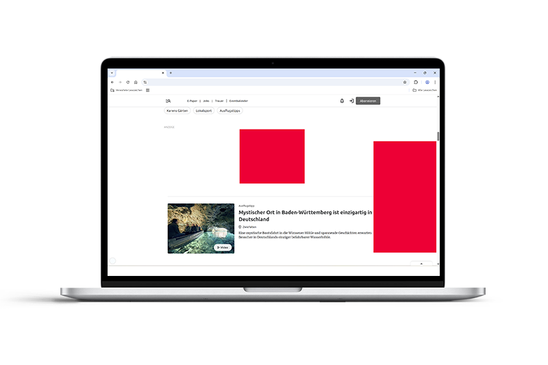 Beispielhafte Platzierung der Online-Bannerformate Medium Rectangle und Halfpage Ad in einer Nachrichten-Seite auf einem Laptop-Screen.