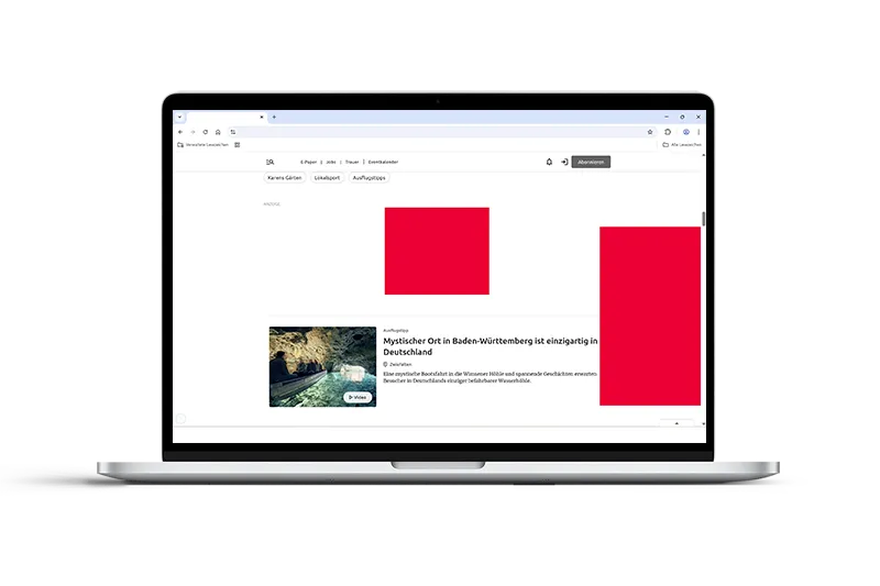 Beispielhafte Platzierung der Online-Bannerformate Medium Rectangle und Halfpage Ad in einer Nachrichten-Seite  auf einem Laptop-Screen.