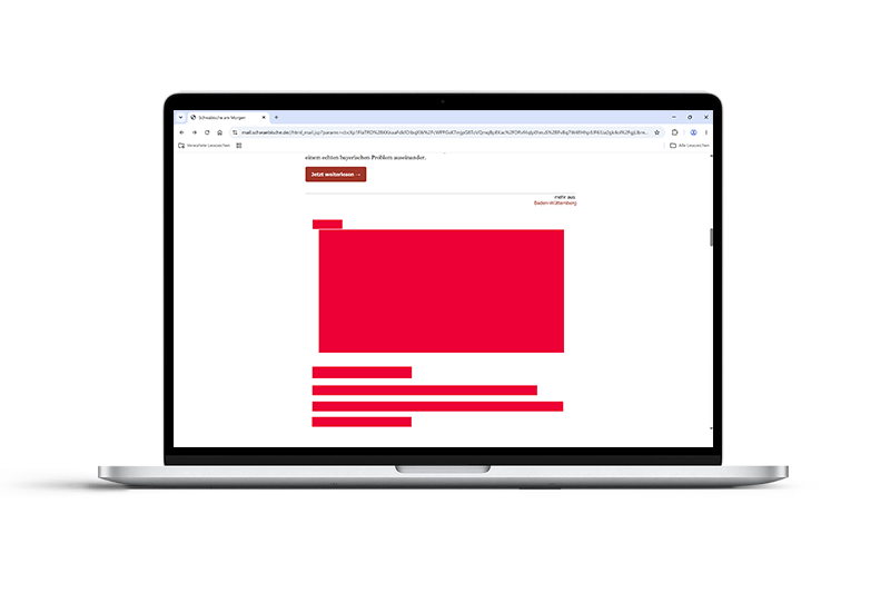 Schematische Flächendarstellung eines Native Ads in einem Newsletter auf einem Laptop-Bildschirm.