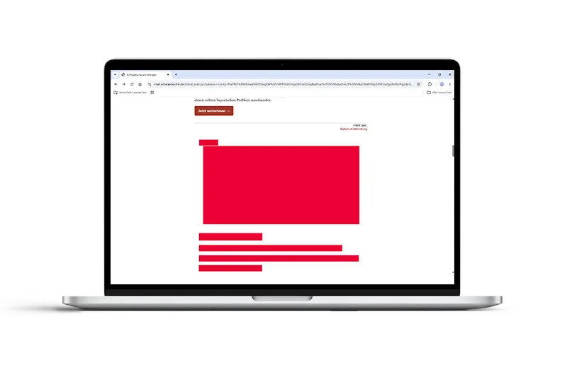 Schematische Flächendarstellung eines Native Ads in einem Newsletter auf einem Laptop-Bildschirm.