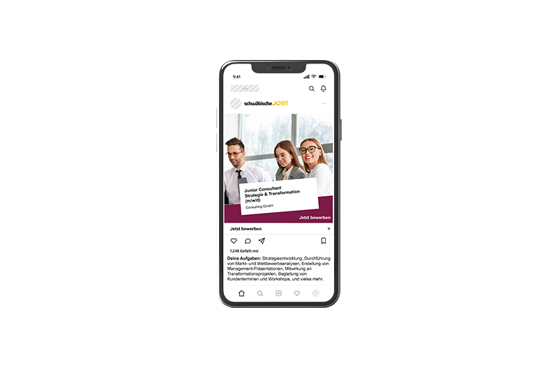 Social-Media-Werbung von schwäbische.Jobs auf einem Smartphone, hier eine Anzeige eines Arbeitgebers im Rahmen der Werbemöglichkeit TopJob.