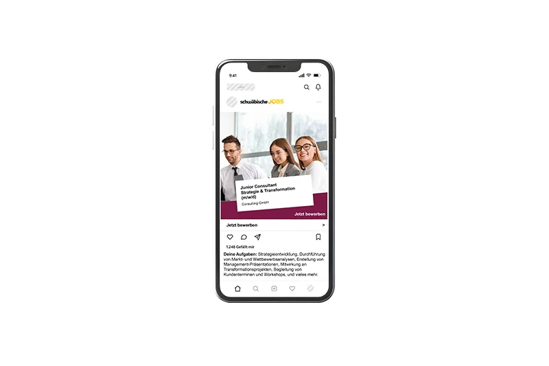 Social-Media-Werbung von schwäbische.Jobs auf einem Smartphone, hier eine Anzeige eines Arbeitgebers im Rahmen der Werbemöglichkeit TopJob.