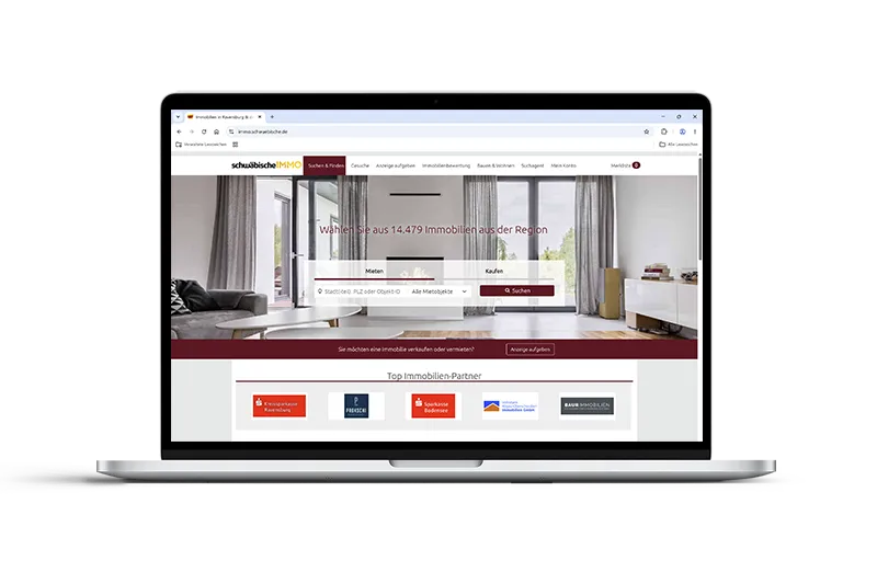 Startseite des Immobilienportals schwäbische IMMO mit Immobiliensuche und Partnerlogos