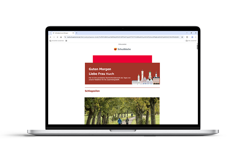 Schematische Flächendarstellung der Werbeplatzierung Top Ad in einem Newsletter von schwäbische.de auf einem Laptop-Bildschirm.