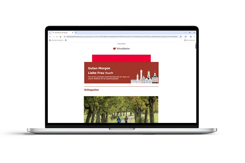 Schematische Flächendarstellung der Werbeplatzierung Top Ad in einem Newsletter von schwäbische.de auf einem Laptop-Bildschirm.