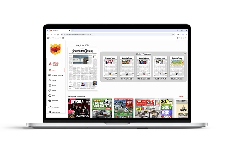 Laptop zeigt den E-Paper-Startseite mit aktueller Schwäbische-Zeitung-Ausgabe, weiteren Ausgaben sowie Beilagen und Prospekten