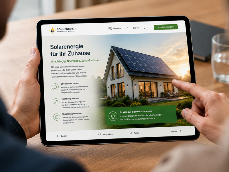 Eine Digital-Broschüre wird über ein Tablet dargestellt. Das ist auch im Vertrieb eine anschauliche und interaktive Möglichkeit Produkte im Kundengespräch zu präsentieren.