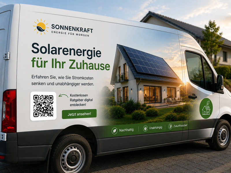 Firmenfahrzeug - hier ein Transporter - als Werbefläche mit einem QR-Code zu versehen, ist eine gute Möglichkeit Menschen zu erreichen. Mit einem QR-Code können Interessenten unterwegs einfach per Smartphone auf eine Website gelangen - kein lästiges URL-Abtippen, sondern direkte Interaktion.