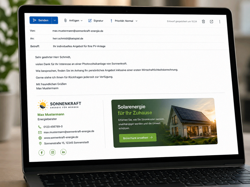 Laptop-Bildschirm mit einer E-Mail und ein Banner als E-Mailsignatur- in der täglichen Geschäftskorrespondenz hilfreich, um auf neue Produkte oder Aktionen aufmerksam zu machen.