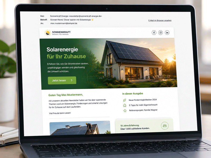 Newsletter-Werbung auf einem Laptop-Bildschirm - hier ein fiktives Beispiel eines Solarenergie-Anbieters.