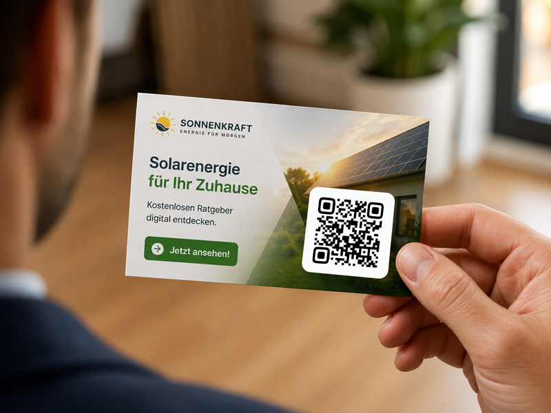 Ein QR-Code auf einer Visitenkarte oder Flyer bringt Menschen direkt auf die passende Website oder auf eine Digital-Broschüre.
