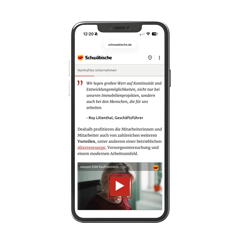 ecruiting-Advertorial auf schwaebische.de im Smartphone – Arbeitgebervorstellung mit Zitat und eingebettetem Jobspot-Video