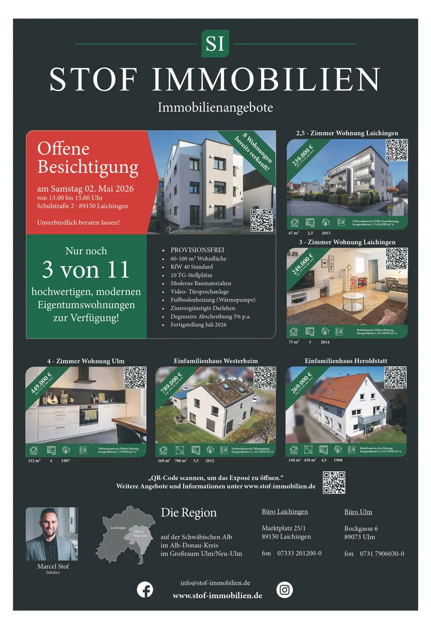 Ganzseitige Immobilien-Anzeige in der Zeitung – mehrere Objektangebote mit Fotos, Eckdaten und QR-Codes zum Exposé