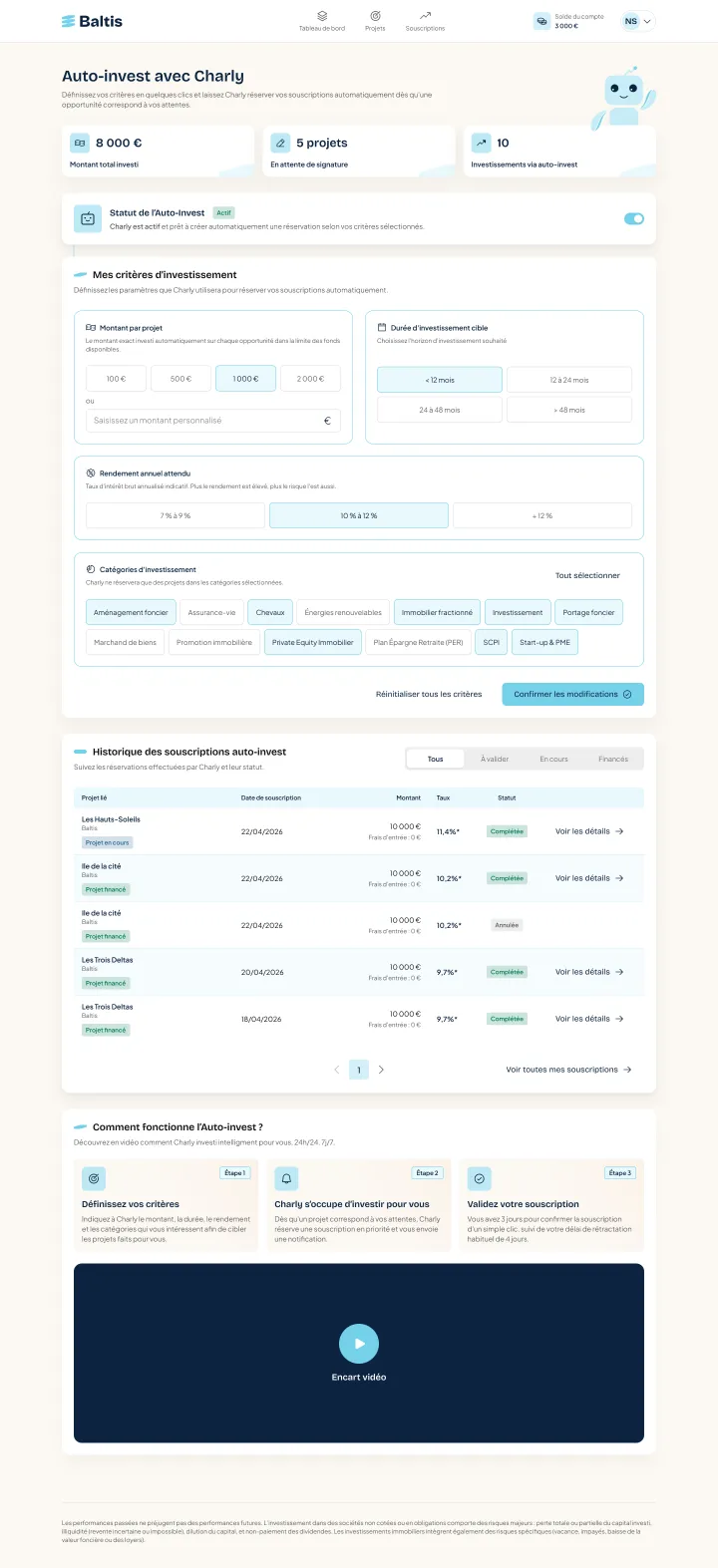 Auto-invest avec Charly — aperçu de la plateforme Baltis