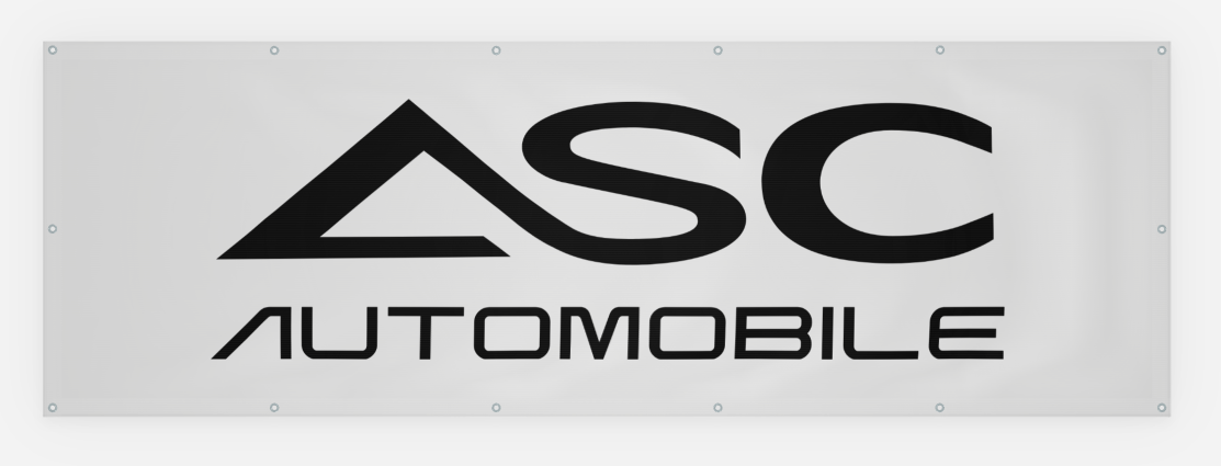 Bedruckter Werbebanner mit Metallösen: schwarzes ASC-Automobile-Logo auf hellgrauem Grund.