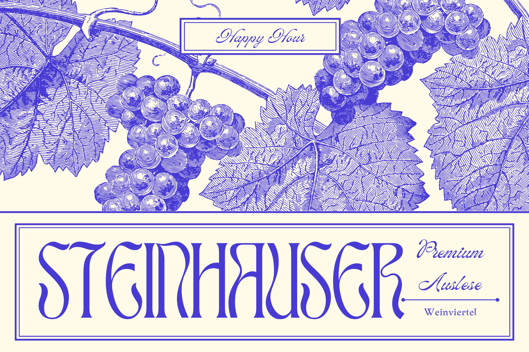 Weinetikett Steinhauser Premium Auslese aus dem Weinviertel: blaue Kupferstich-Illustration von Weintrauben und Rebblättern auf cremefarbenem Grund.