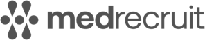 Medrecruit logo in gray with a stylized medical cross icon on the left side