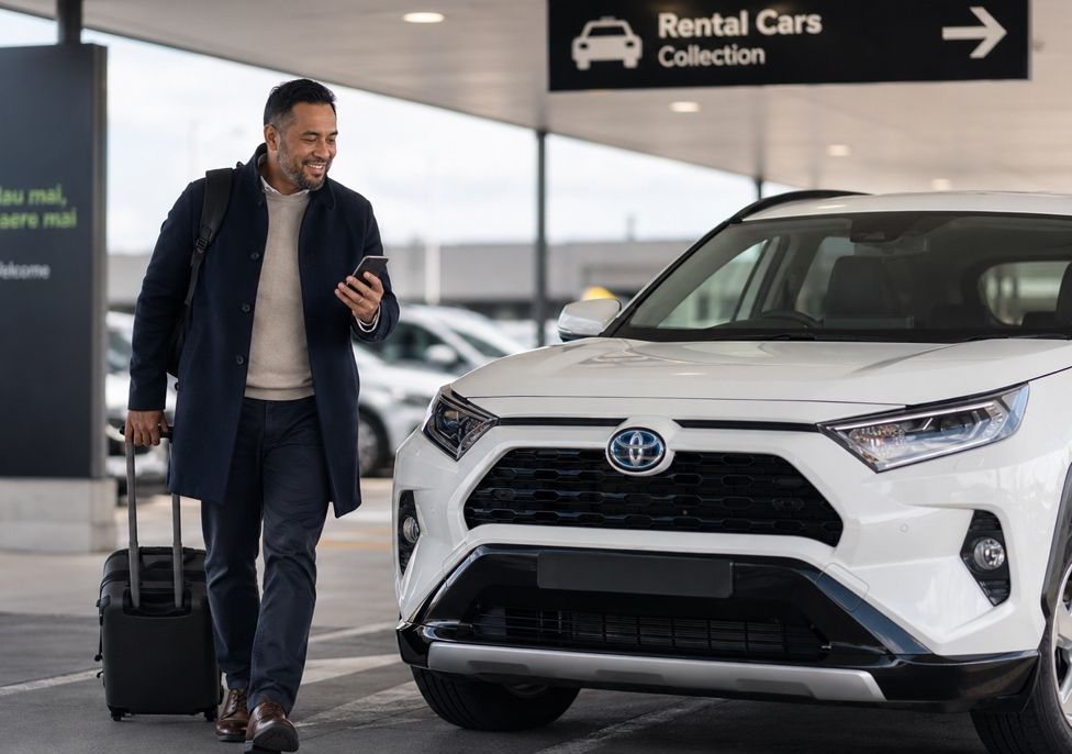 Business traveller arriving at a New Zealand airport to collect a white Toyota RAV4 rental car